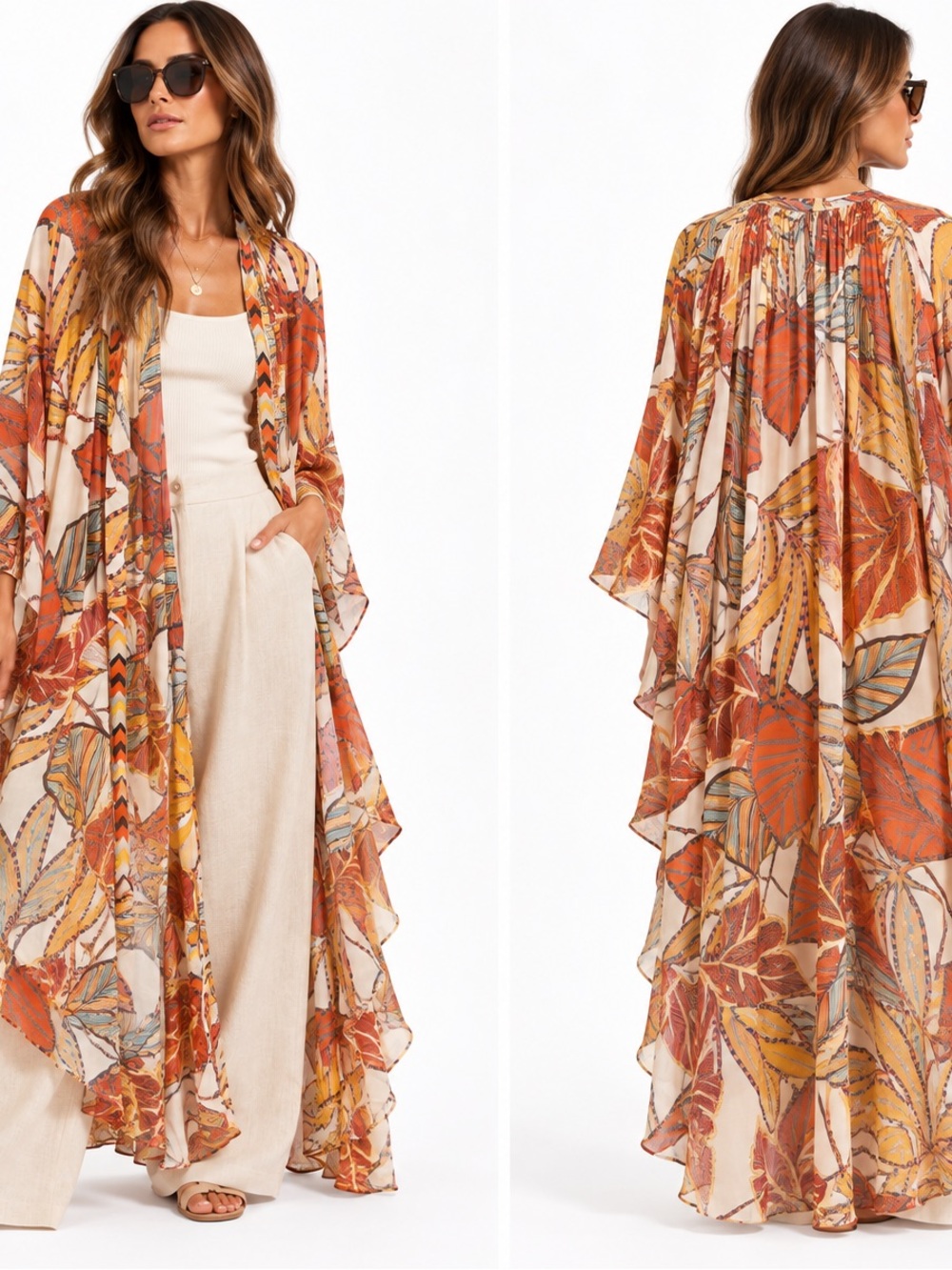 Ritu Kumar Orange and Cream Leaf-Print Beach Duster